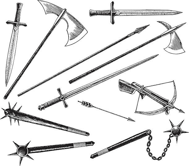 medieval or renaissance weapons, sword and hatchet - savaş aleti stock illustrations