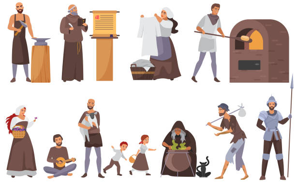 ilustrações de stock, clip art, desenhos animados e ícones de medieval people vector illustration set, cartoon flat historical middle ages characters collection with peasant blacksmith priest laundress beggar isolated on white - medieval