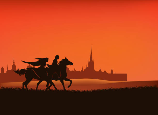 stockillustraties, clipart, cartoons en iconen met middeleeuwse prins en prinses die paarden in de scène van de zonsonderganggebiedsvector berijden - castle couple