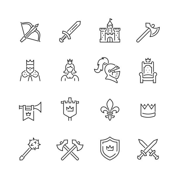 Medieval related icons Medieval related icons: thin vector icon set, black and white kit armored clothing stock illustrations