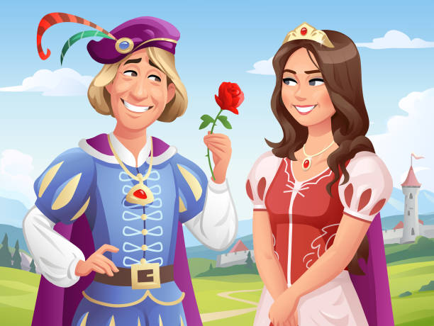 stockillustraties, clipart, cartoons en iconen met medieval romance- prince giving rose to princess - castle couple