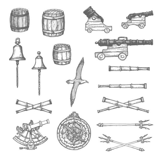 Medieval sailing equipment, instruments and weapon Cannon, barrel and spyglass, bell, trident and astrolabe, sextant sketch. Medieval sailing equipment, fleet navigation instruments and weapons, mortar, albatross bird hand drawn vector icon collection trident spear stock illustrations