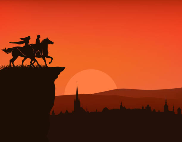 stockillustraties, clipart, cartoons en iconen met middeleeuwse stad en sprookje held prins en prinses paardrijden paard vector silhouet scène - castle couple