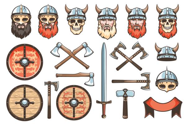 Medieval weapons and armor of Vikings and Knights Medieval weapons and armor of Vikings and Knights - set for retro logo. Vector vintage illustration. thor hammer stock illustrations