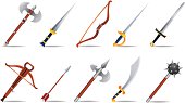 Vector illustration set of ten medieval weapons