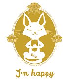 Meditating Cat Vector. Cute Cat And Message I'm Happy. Vector For Poster Print Greeting Card Tshirt Apparel Design. Cat Silhouette. Gold Color. Yoga Cat Pose. Yoga Cat Meme. Cat As Toy.