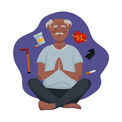Meditating Grandfather. Vector illustration. Relaxation and mindfulness.