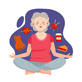 Meditating grandmother. Vector illustration. Relaxation and mindfulness.