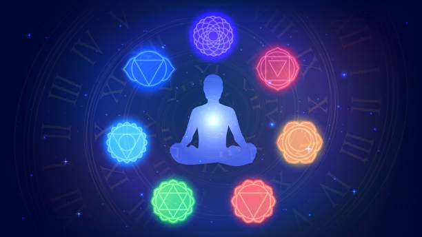 Meditating human and seven chakras Silhouette of meditating human sitting in the lotus position and seven chakras chakras stock illustrations