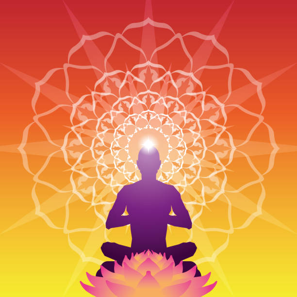 Meditation Aura Background Vector Illustration of a beautiful, colourful and inspiring silhouette of a men Meditating with a Mandala Aura Background lotus chakra stock illustrations