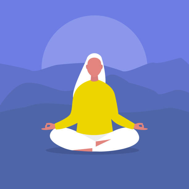 Meditation. Outdoor yoga. Harmony and relaxation. Calm female character sitting in a lotus pose. Flat editable vector illustration, clip art. Modern healthy lifestyle Meditation. Outdoor yoga. Harmony and relaxation. Calm female character sitting in a lotus pose. Flat editable vector illustration, clip art. Modern healthy lifestyle yoga clipart stock illustrations