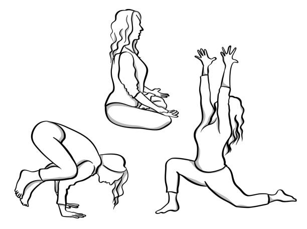 Meditative Yoga Woman doing yoga poses, showing balance, stretching and meditation in her exercises. Vector illustration in simple sketches. yoga drawings stock illustrations