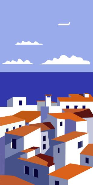 mediterranean beautiful landscape with white town and sea vector art illustration