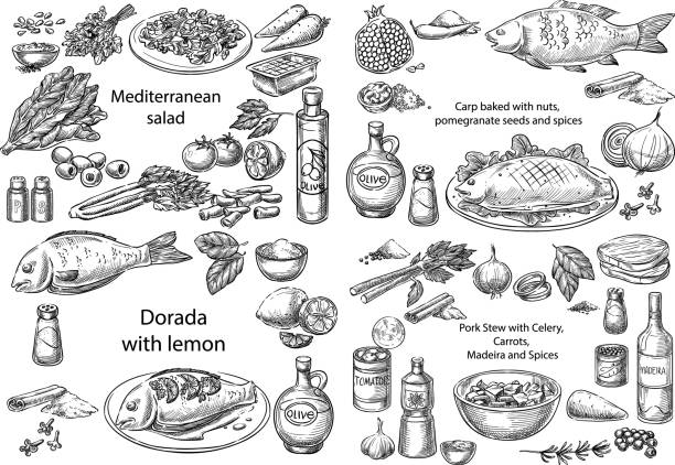 dania kuchni śródziemnomorskiej. - salad stock illustrations