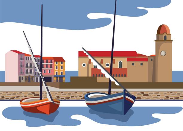 Mediterranean landscape with old town and boats flat style vector illustration vector art illustration