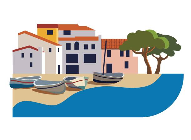 illustrations, cliparts, dessins animés et icônes de paysage méditerranéen avec la ville et les bateaux illustration plate de vecteur de modèle - panneau village