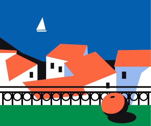 Mediterranean landscape with white old town with tiled roof vector art illustration