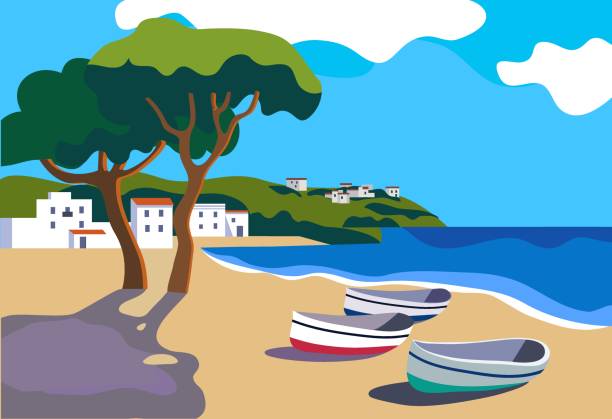 Mediterranean landscape with white town and boats flat style vector illustration vector art illustration