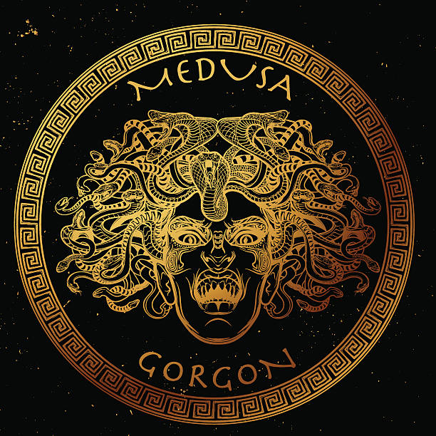 medusa gorgon sketch. gold on black. - medusa stock illustrations