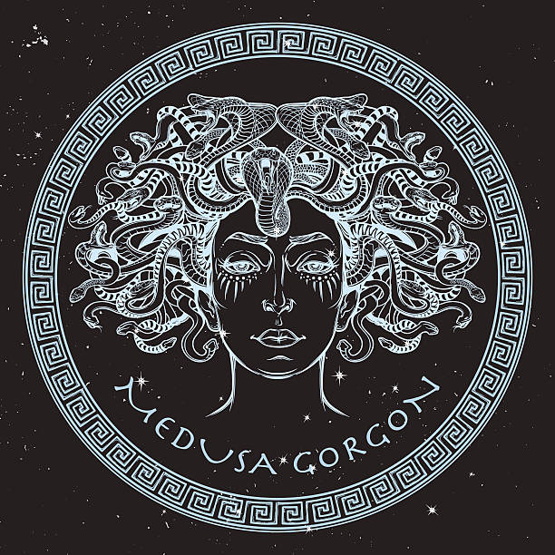 medusa gorgon sketch on a black nightsky background - medusa stock illustrations