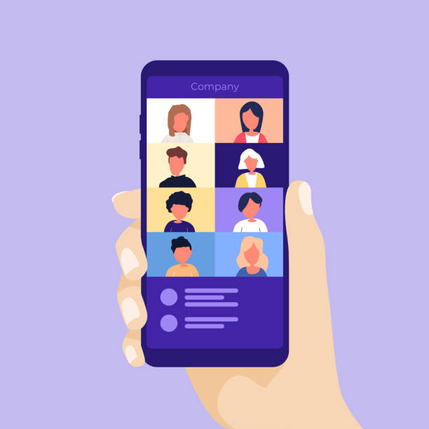 Meeting a company via video conference on a mobile phone. Meeting a company via video conference on a mobile phone. mobile app illustrations stock illustrations
