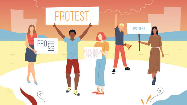Meeting And Protest Concept. Young Male And Female Characters Came To Outspeak Their Opinion. Protesters Hold Posters To Express Disagreement Shouting Into Loudspeaker. Flat Style Vector Illustration Meeting And Protest Concept. Young Male And Female Characters Came To Outspeak Their Opinion. Protesters Hold Posters To Express Disagreement Shouting Into Loudspeaker. Flat Style Vector Illustration. cartoon of a stadium crowd stock illustrations