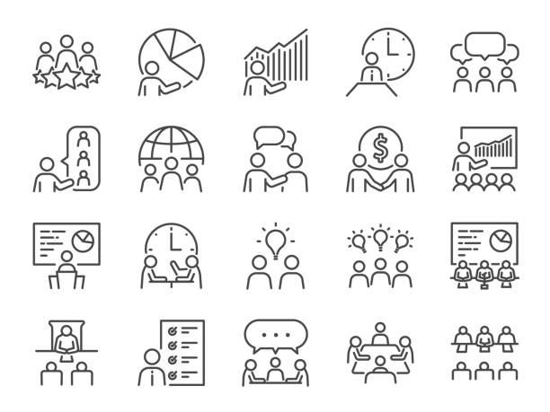 stockillustraties, clipart, cartoons en iconen met vergaderings lijn pictogram instellen. inbegrepen iconen als vergaderzaal, team, teamwork, presentatie, idee, brainstorm en meer. - event team