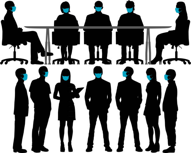 Meeting With Surgical Masks. Meeting with surgical masks. Masks can easily be removed- all faces underneath are complete. office silhouettes stock illustrations