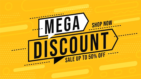 Mega discount banner with up to 50 percent price off. Sale poster offer to shop now. Clearance closeout material layout for business promotion campaign, online store marketplace. Vector illustration
