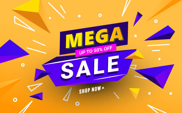 Mega sale banner template with polygonal 3D shapes and text for special offers, sales and discounts. Promotion and shopping template for Black Friday 50 off Abstract Mega sale banner template with polygonal shapes and text for special offers, sales and discounts. reduction stock illustrations
