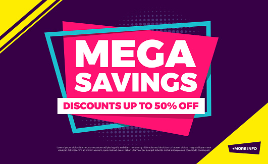 Mega Savings Discounts Up To 50% Off Shopping Background Label