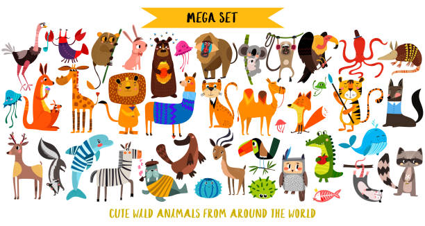 Mega set of cute cartoon animals: wild animals, marina animals.Vector illustration isolated on white background.  animals stock illustrations