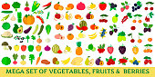 Mega set vegetables, fruits and berries . Organic vegetarian healthy food isolated on a white background. Vector.