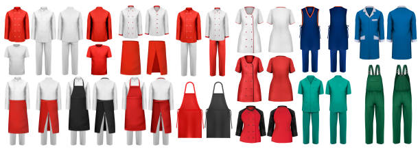 Mega set of overalls with worker and medical clothes. Design template. Vector illustration.  apron stock illustrations