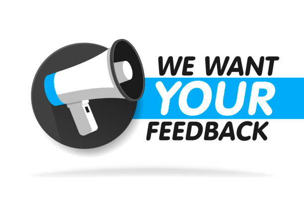 Megaphone on round background. We want your feedback in bubble. Vector illustration Megaphone on round background. We want your feedback in bubble. Vector illustration banner template. desire stock illustrations