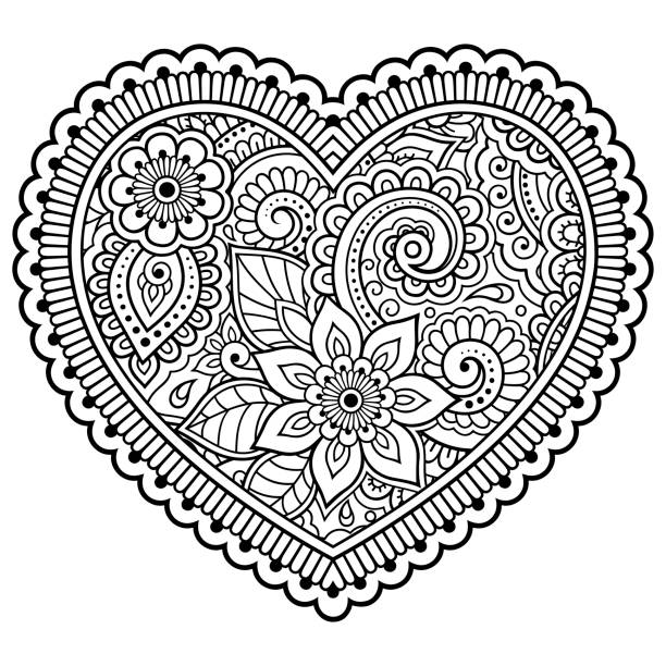 Mehndi flower pattern in form of heart for Henna drawing and tattoo. Decoration in ethnic oriental, Indian style. Valentine's day greetings. Coloring book page. Mehndi flower pattern in form of heart for Henna drawing and tattoo. Decoration in ethnic oriental, Indian style. Valentine's day greetings. Coloring book page. coloring book pages templates stock illustrations