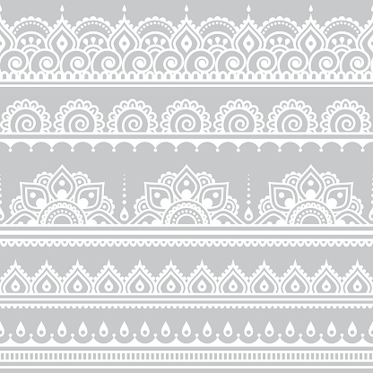 Mehndi, Indian Henna tattoo seamless white pattern on grey background
