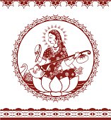An illustration of Sarasvati, the Hindu Goddess of learning and the arts (the instrument is a vina), with decorative border designs - inspired by the art of mehndi (henna painting). (Includes .jpg)