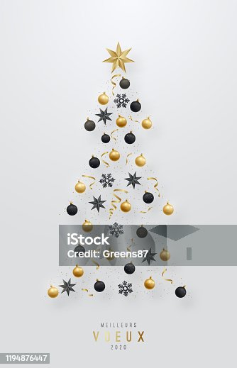istock Meilleurs Voeux - Best Wishes. Christmas Tree made of stars, black and gold realistic baubles and confetti. Vector template for greeting card, flyer, poster and invitation. Shiny Christmas volume toys. 1194876447
