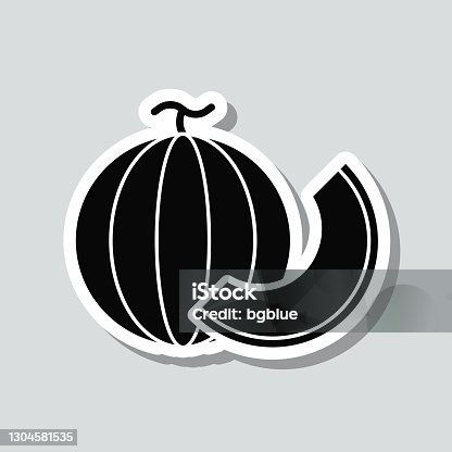 istock Melon and slice. Icon sticker on gray background 1304581535