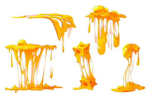 Melted cheese cartoon set, mellow pieces, dripping