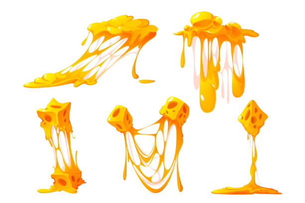 Melted cheese pieces isolated on white background Melted cheese pieces isolated on white background. Vector cartoon set of hot cheddar, parmesan or holland cheesy slices with holes and molten liquid drops parmesan cheese illustrations stock illustrations