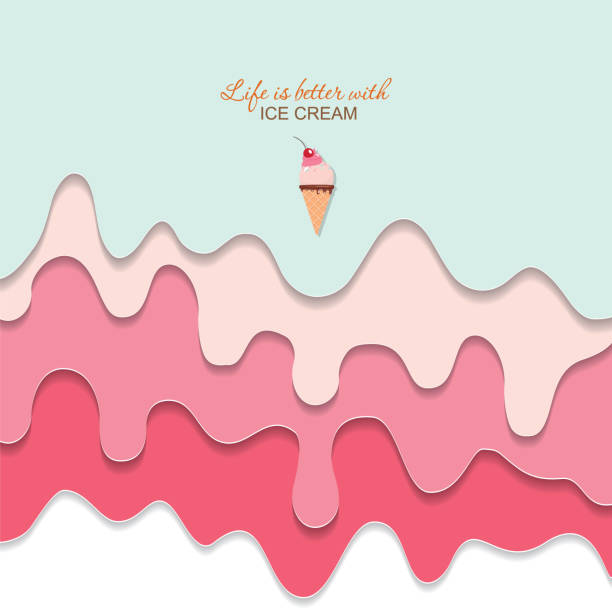 녹아 흐르는 아이스크림 배경입니다. 3d 용지가 레이어를 잘라냅니다. 파스텔 핑크와 블루. 만나고. 수첩 커버, 인사말 카드 귀여운 디자인. 벡터 - ice cream stock illustrations