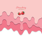 Melted flowing strawberry pink cream background. 3d paper cut out layers. Vector