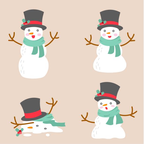 illustrations, cliparts, dessins animés et icônes de la conception plate d'illustration de bonhomme de neige de fonte dans la saison d'hiver de noel pour la célébration de vacances - bonhomme de neige