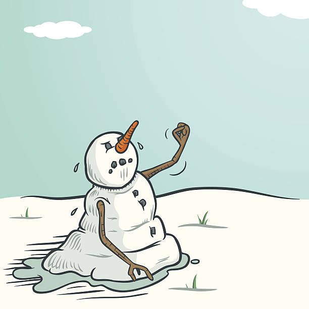 Melting Snowman Near the end of his days, a snowman turns against the march of time and sunshine. A download gets you not only an EPS and JPEG, but black and white line art of the pic in EPS, JPEG and PNG. melting snow man stock illustrations