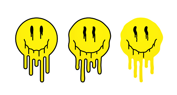 Melting yellow smile. Positive smiling faces in the form of liquid, paint splash on a white background.