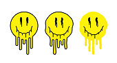 istock Melting yellow smile. Positive smiling faces in the form of liquid, paint splash on a white background. 1348369939