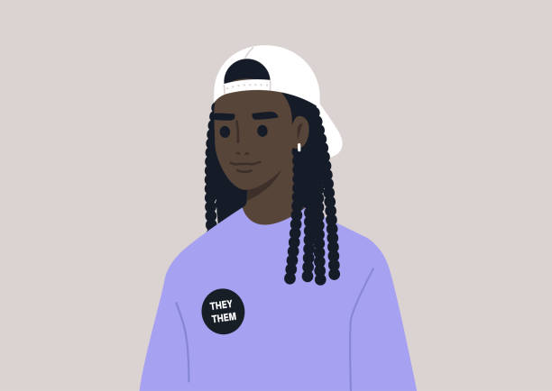 A member of the LGBTQ community wearing a pin with their pronouns, LGBT pride theme vector art illustration