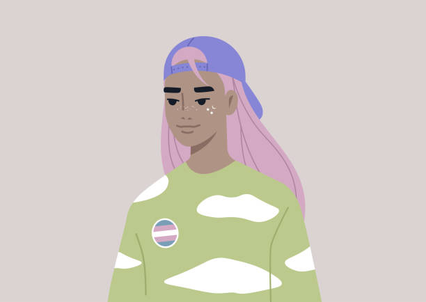 ilustrações, clipart, desenhos animados e ícones de um membro da comunidade lgbtq usando um alfinete transgênero, tema de orgulho lgbt - trans
